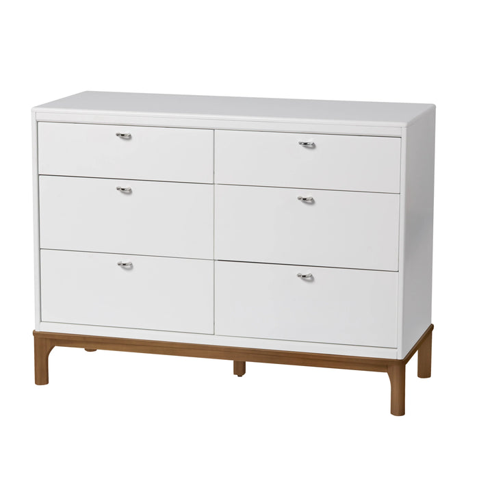 Little Seeds Laurel 6-Drawer Dresser with white finish and wood base shown against a plain background.