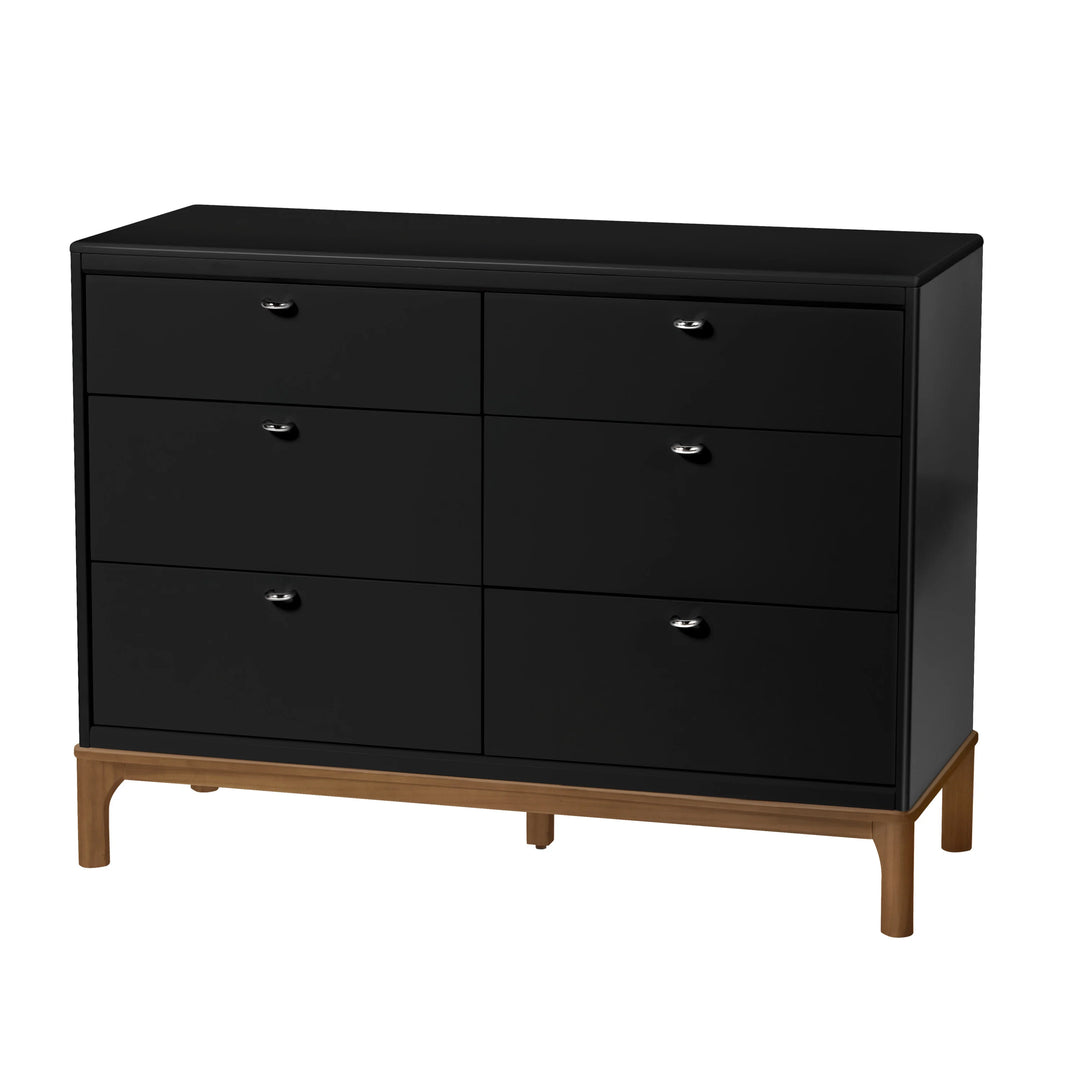 Little Seeds Laurel 6-drawer dresser in black with wood legs, shown on a white background.