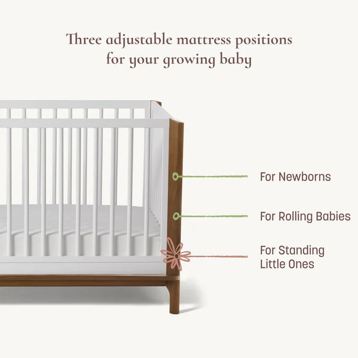 Little Seeds Laurel Island convertible crib showing three adjustable mattress positions for babies.
