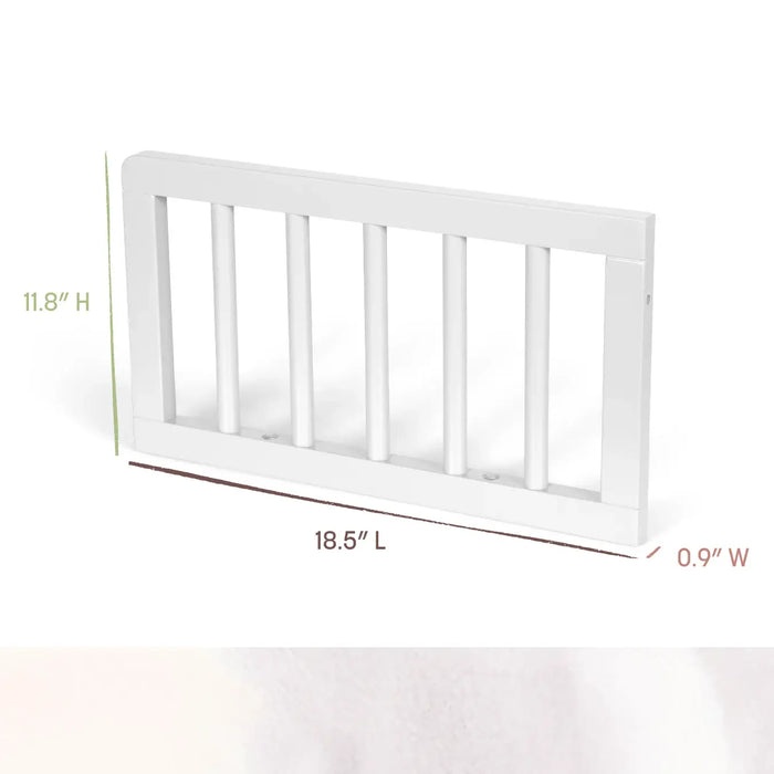Little Seeds Spindle Guardrail in white, shown with dimensions on a plain background.