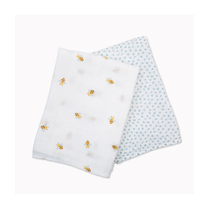 Lulujo Cotton Muslin Swaddle Blankets - 2 pack - Bees + Blue Dots