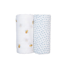 Lulujo® - Lulujo Cotton Muslin Swaddle Blankets - 2 pack - Bees + Blue Dots