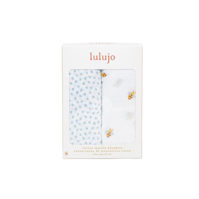 Lulujo® - Lulujo Cotton Muslin Swaddle Blankets - 2 pack - Bees + Blue Dots