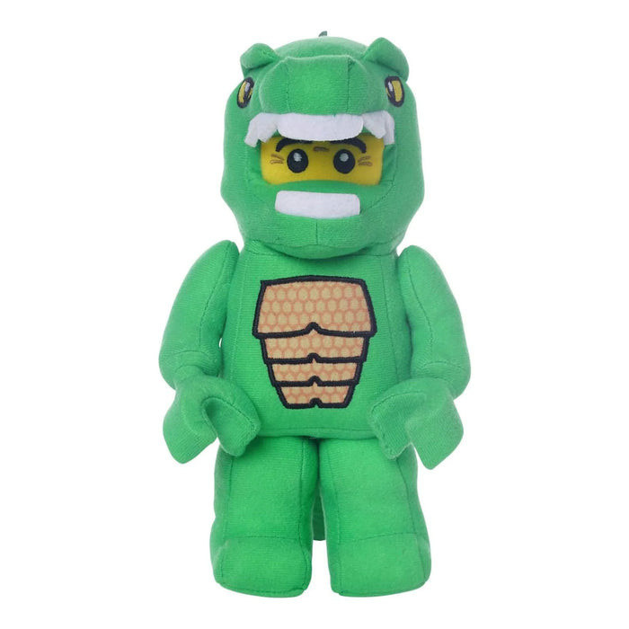 Manhattan Toy 13-inch plush LEGO lizardman toy standing upright on a white background.
