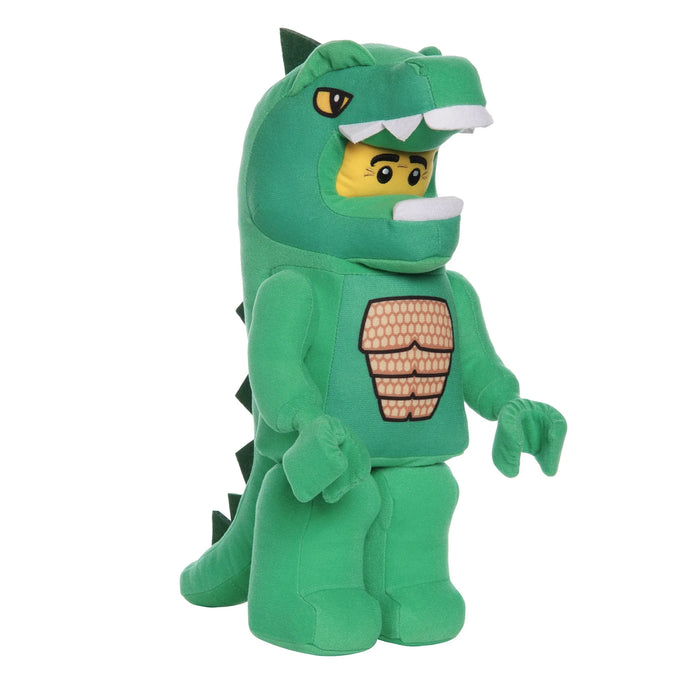 Manhattan Toy 13-inch plush LLEGO Lizardman toy in green costume facing right against white background.
