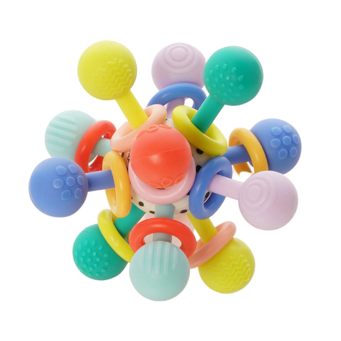 Manhattan Toy Atom Colorpop rattle teether with colorful textured arms and rings on a white background.