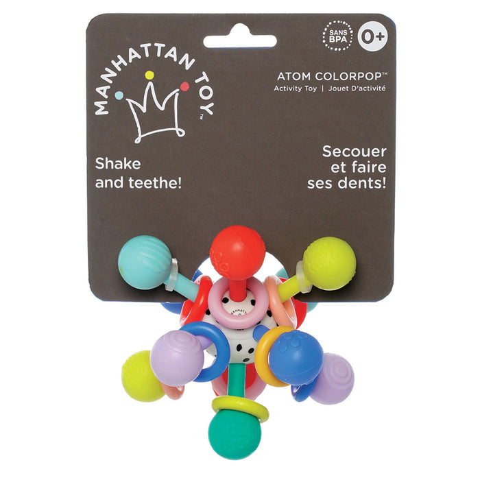 Manhattan Toy Atom Colorpop rattle teether in multicolored packaging, shown on display card.