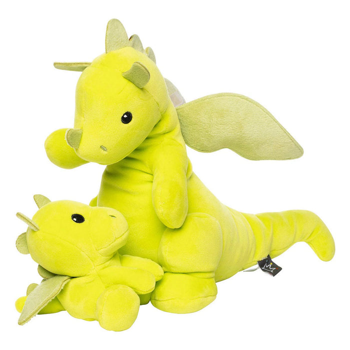 Brightfuls Plush Dragon toy in bright green, sitting and lying together on a white background.