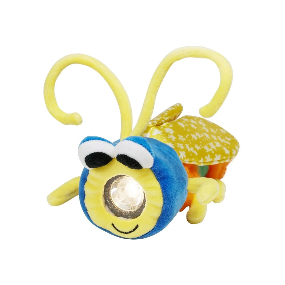 Manhattan Toy Flicker Flashlight Bug plush toy with lit light on white background.