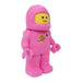 LEGO pink astronaut plush toy with yellow face and planet emblem standing upright on white background.