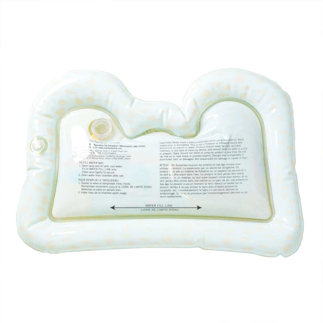 Manhattan Toy Riverbend Water Play Mat shown empty on a white background with text instructions visible.