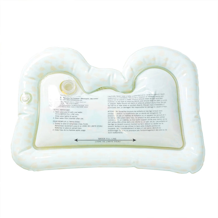 Manhattan Toy Riverbend Water Play Mat shown empty on a white background with text instructions visible.