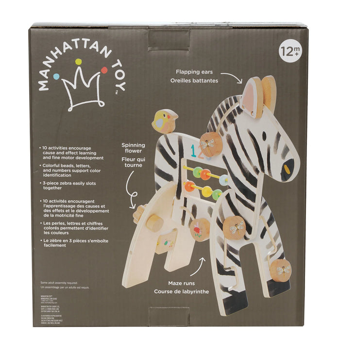 Manhattan Toy Safari Zebra wooden activity toy displayed on packaging with illustrated features.
