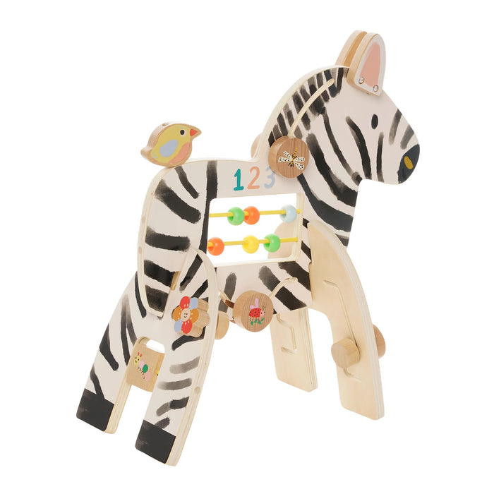 Manhattan Toy Safari Zebra wooden activity toy with colorful beads and animal prints on a white background.