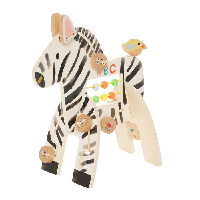 Manhattan Toy Safari Zebra wooden activity toy with colorful beads and spinning elements on a white background.