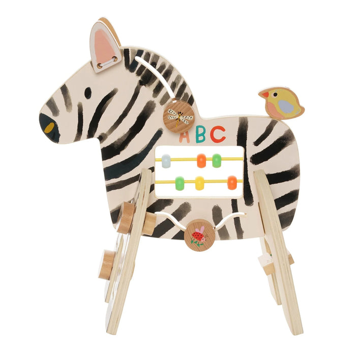 Manhattan Toy Safari Zebra wooden activity toy with beads and colorful details on a white background.