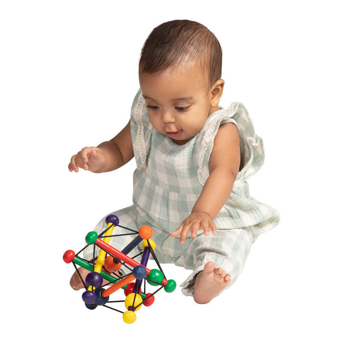 Manhattan Toy Skwish Wooden Rattle Teether shown with a baby sitting and playing on a white background.