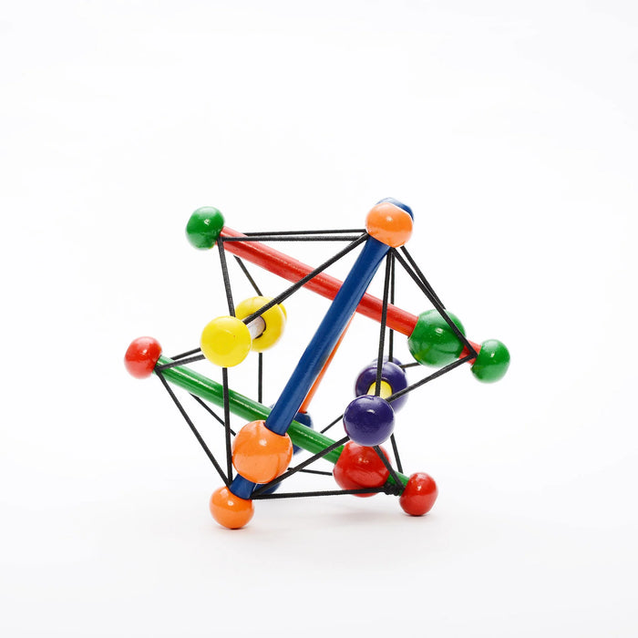 Manhattan Toy Skwish wooden rattle teether with colorful beads on a white background.