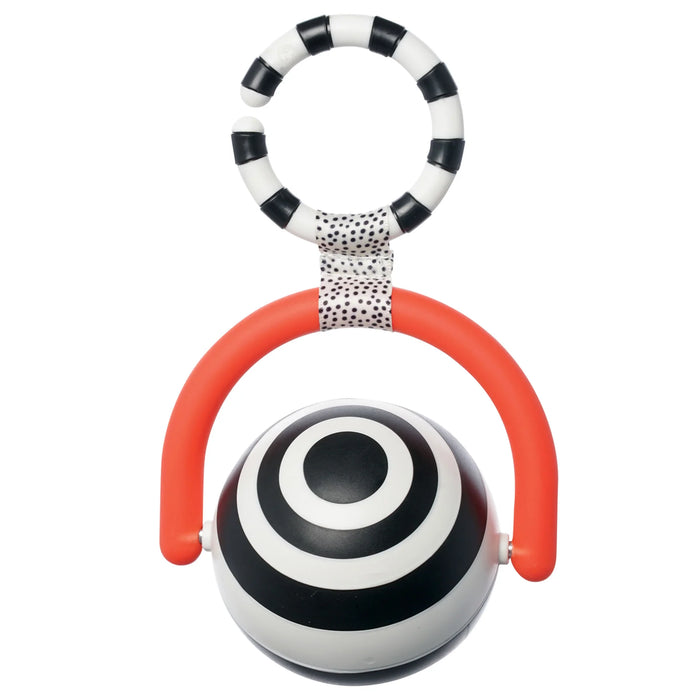 Manhattan Toy Wimmer Bullseye Ball baby toy with black and white ring and orange handle on white background.
