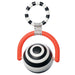 Manhattan Toy Wimmer Bullseye Ball baby toy with black and white ring and orange handle on white background.
