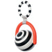 Manhattan Toy Wimmer Bullseye Ball baby toy with high-contrast rings and red handle on white background.