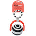 Wimmer Bullseye Ball infant sensory toy with black and white stripes and bright red handle, hanging on display.