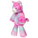 Mary Meyer Marshmello Zoo plush toy cat in pink, purple, and blue, shown standing upright on white background.