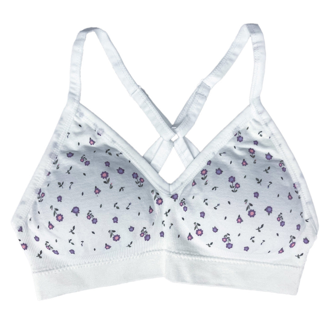 White girls' training bra with purple flower pattern and crisscross back straps