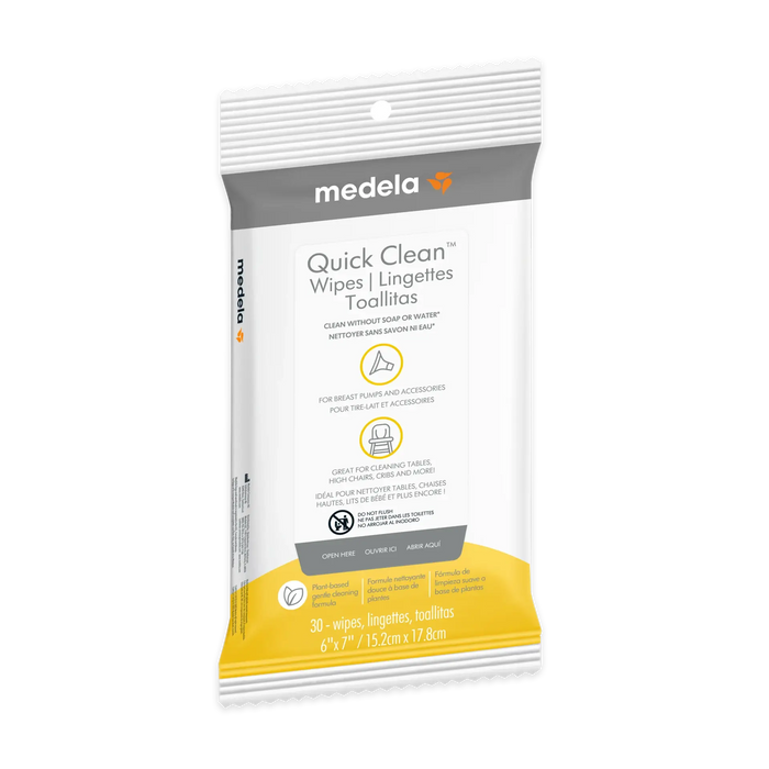 Medela Quick Clean Wipes 30-pack shown in sealed packaging on a black background.