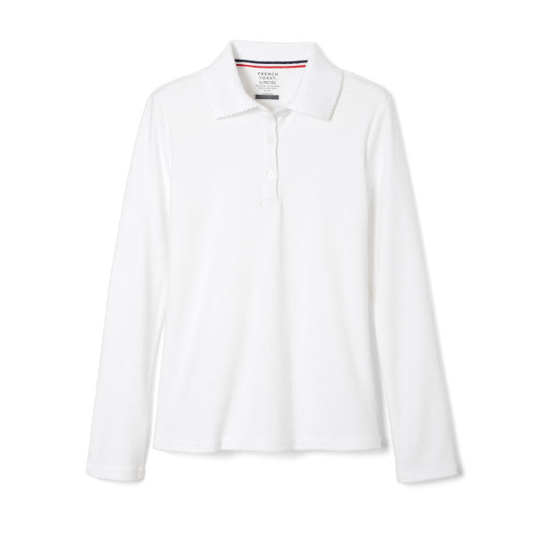 French Toast Girls School Uniform Long Sleeve Interlock Polo with Picot Collar - White - SA9424