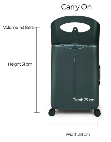 Black carry-on suitcase with wheels, 51cm height, 38cm width, 29cm depth, 43L volume
