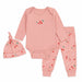Three-piece baby set with cherry print, including pink bodysuit, pants, and matching hat, laid flat.