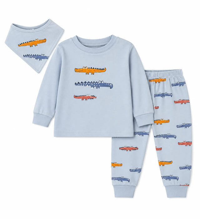 Blue three-piece baby outfit set with cartoon crocodile print, displayed flat on a white background.