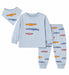 Blue three-piece baby outfit set with cartoon crocodile print, displayed flat on a white background.