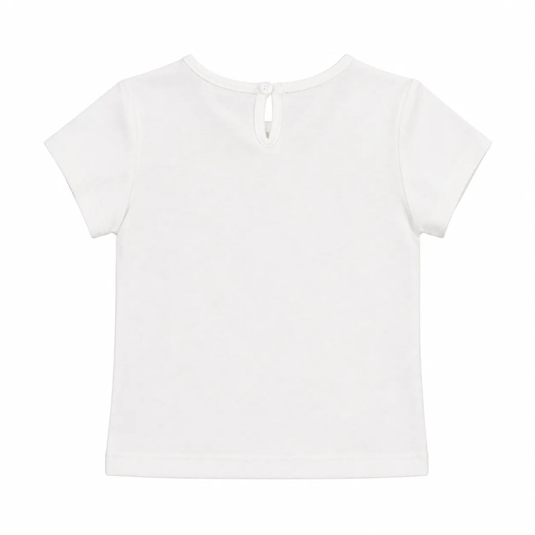 Baby Girls Cherry-Licious Top shown from the back with short sleeves and a button keyhole closure.