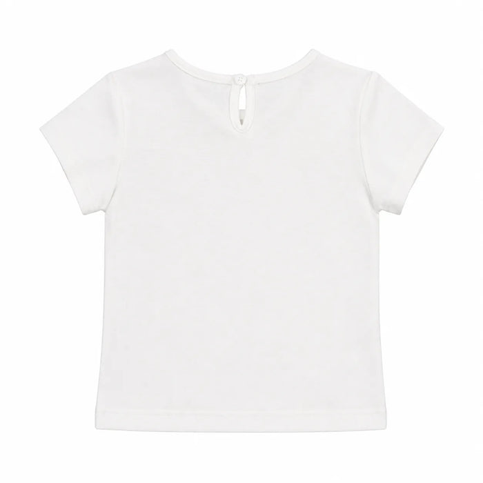 Baby Girls Cherry-Licious Top shown from the back with short sleeves and a button keyhole closure.