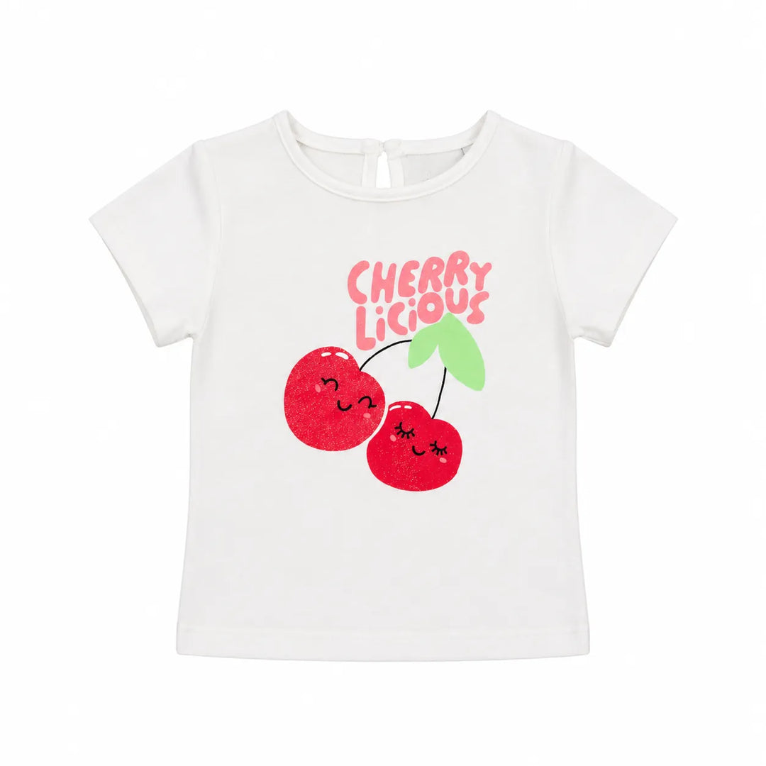Baby Girls Cherry Licious Top, white short sleeve shirt with smiling cherry print, laid flat.