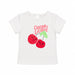 Baby Girls Cherry Licious Top, white short sleeve shirt with smiling cherry print, laid flat.