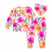 Baby 3-piece orange floral set with long sleeve top, pants, and matching bandana on white background.