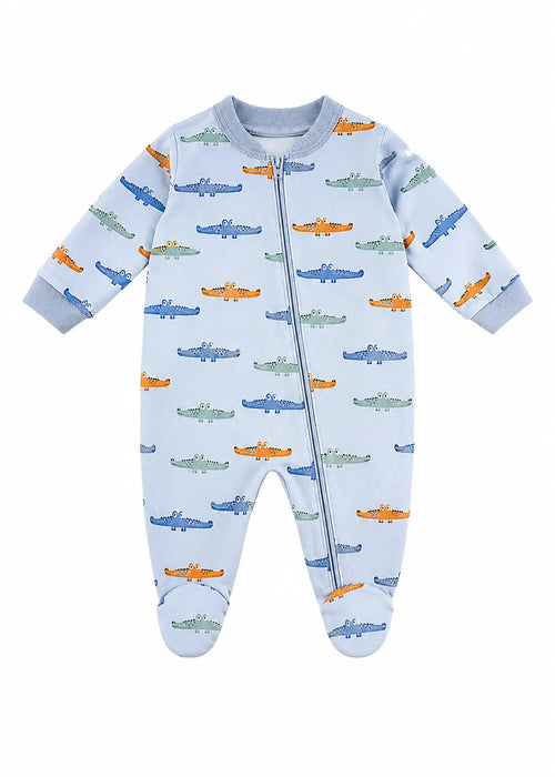 Baby boy romper with colorful alligator print, displayed flat on a white background.
