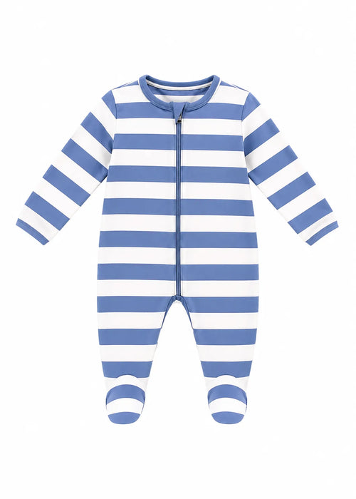 Baby boy romper with blue and white stripes and zipper front, displayed on a plain white background.