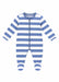 Baby boy romper with blue and white stripes and zipper front, displayed on a plain white background.
