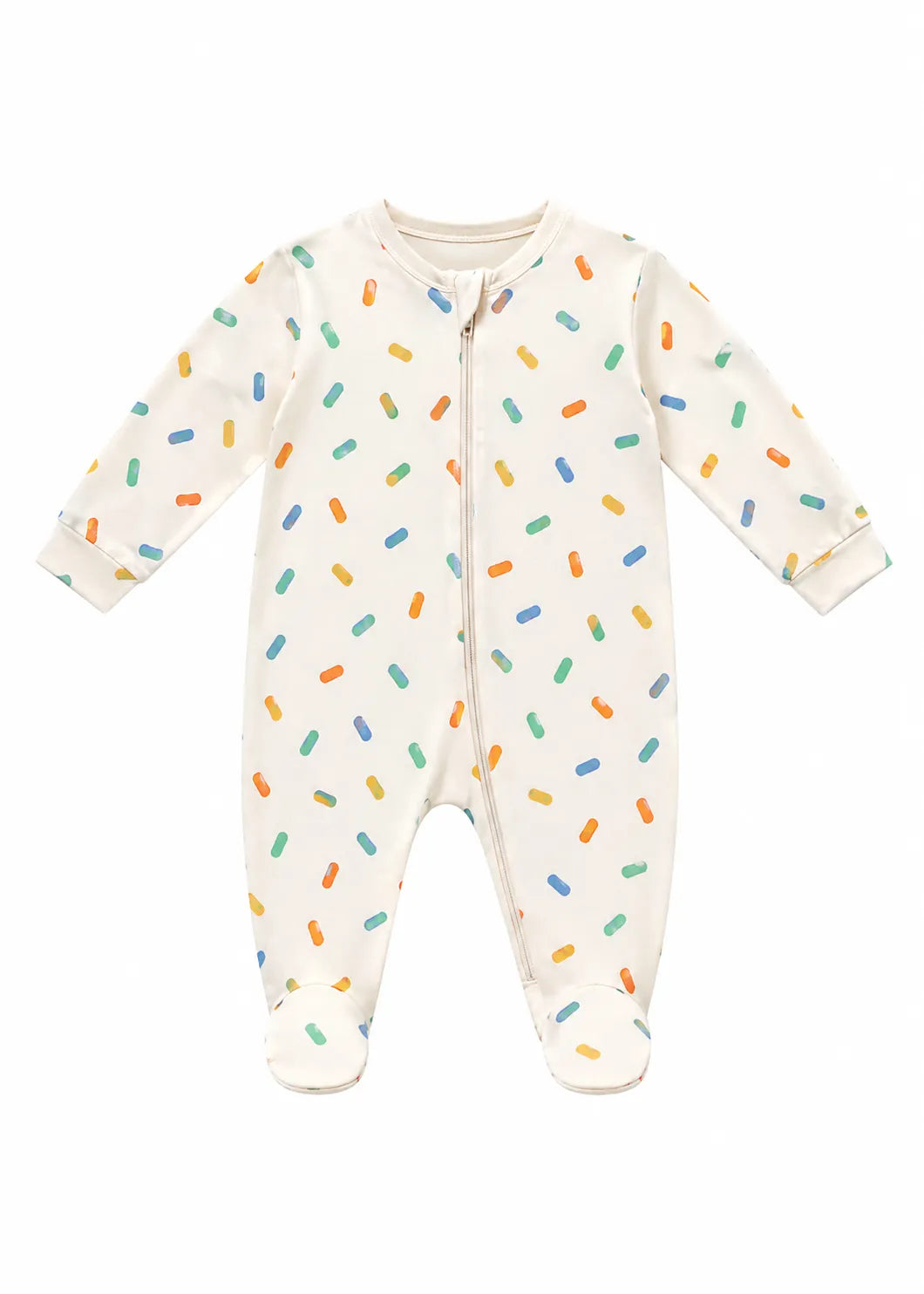 Baby boy romper with colorful sprinkle print shown flat against a white background.