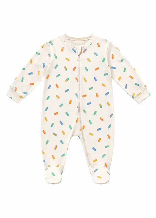 Baby boy romper with colorful sprinkle print shown flat against a white background.
