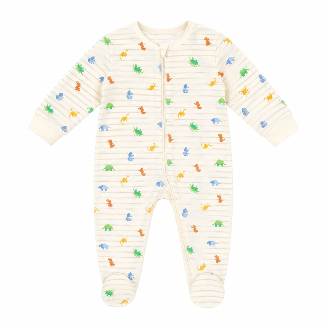 Baby footed pyjama with colorful dinosaur print displayed flat on a white background.