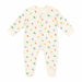 Baby footed pyjama with colorful dinosaur print displayed flat on a white background.