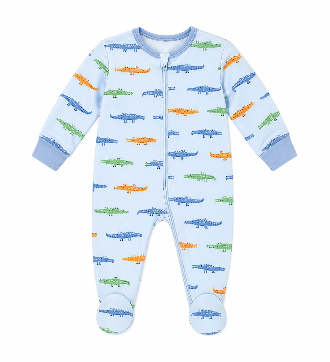 Baby pyjama with colorful crocodile print, shown flat on a white background.
