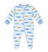 Baby pyjama with colorful crocodile print, shown flat on a white background.
