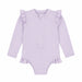Baby rashguard swimsuit in light purple with long sleeves, floral pattern, and ruffle details, shown flat.
