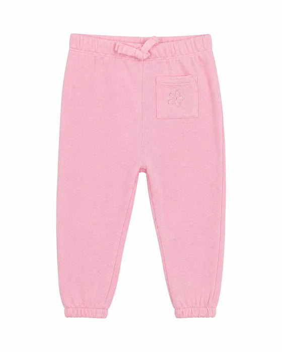 Mid baby sweat pants in pink with a pocket and bow, displayed on a white background.